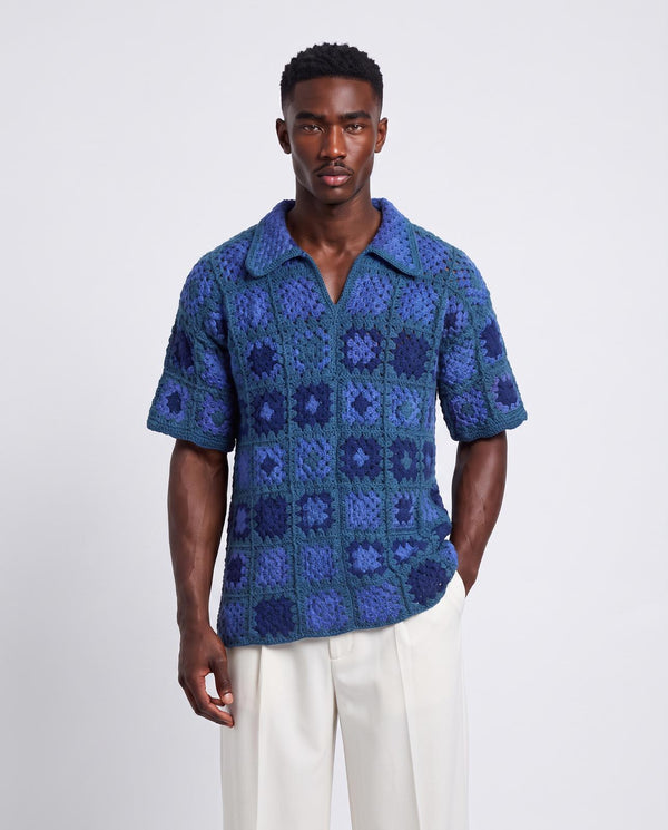 Pixel-Blue Crochet Polo shirt
